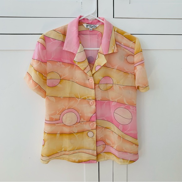 Tung Tai Tops - Tung Tai Pink/Yellow Sheer Button Up Collar Shirt Size Medium